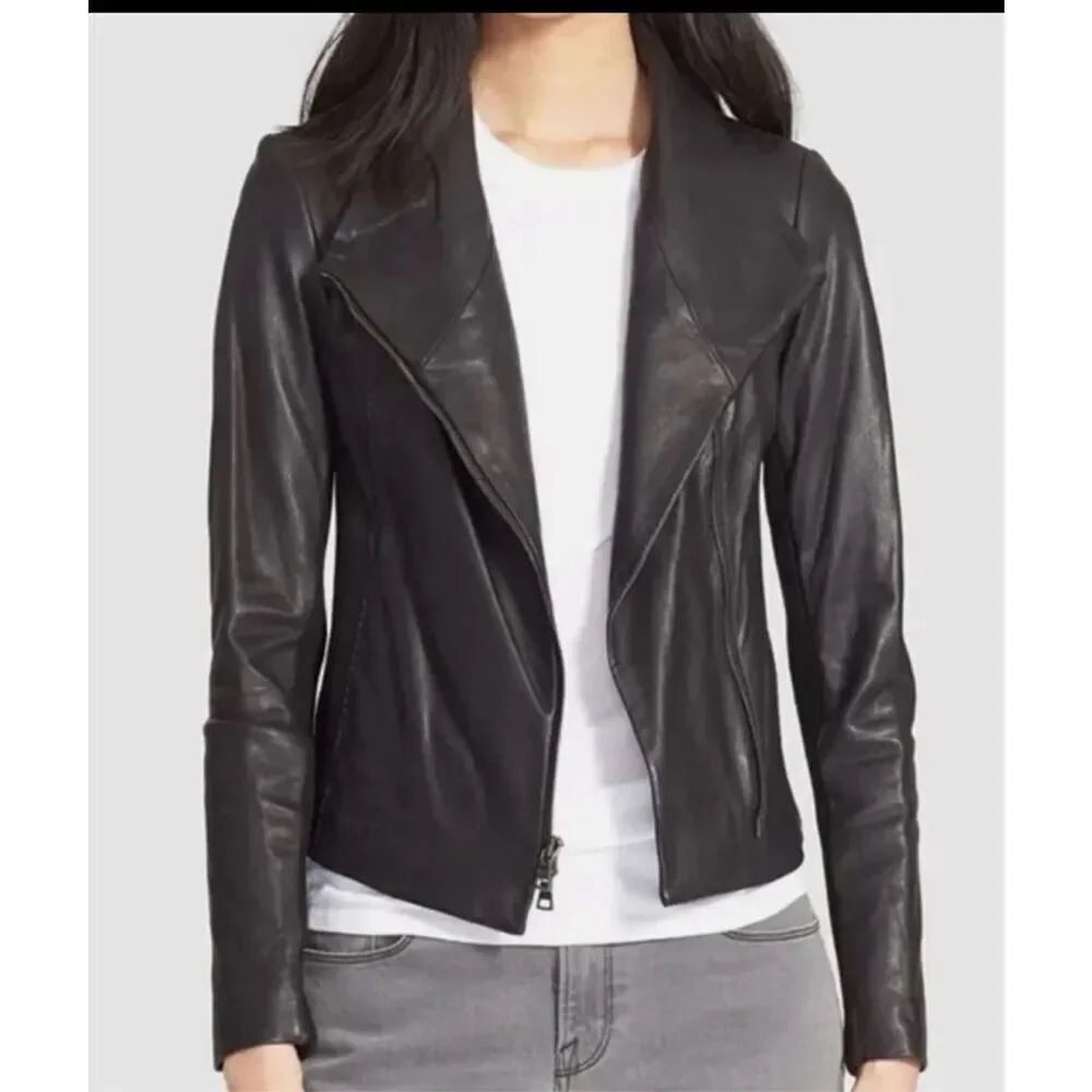 Vince black 100% Leather moto jacket wool blend knit under arm zip front L